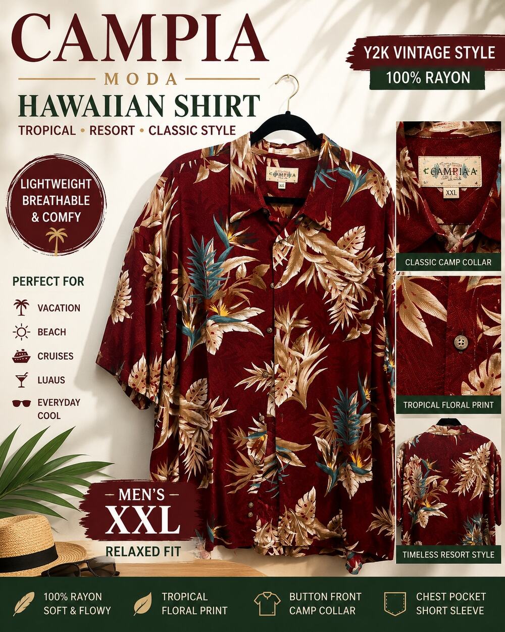 Campia Men’s XXL Rayon Hawaiian Shirt Burgundy Tropical Floral